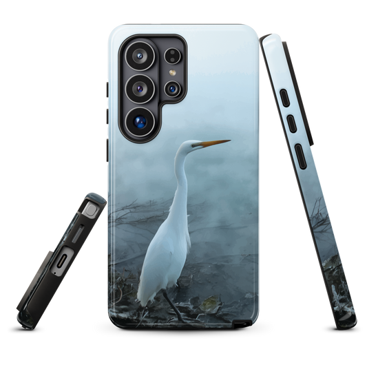 'White Heron in the mist' Samsung Galaxy S26 Ultra tough phone case - protective glossy case NZ Australia